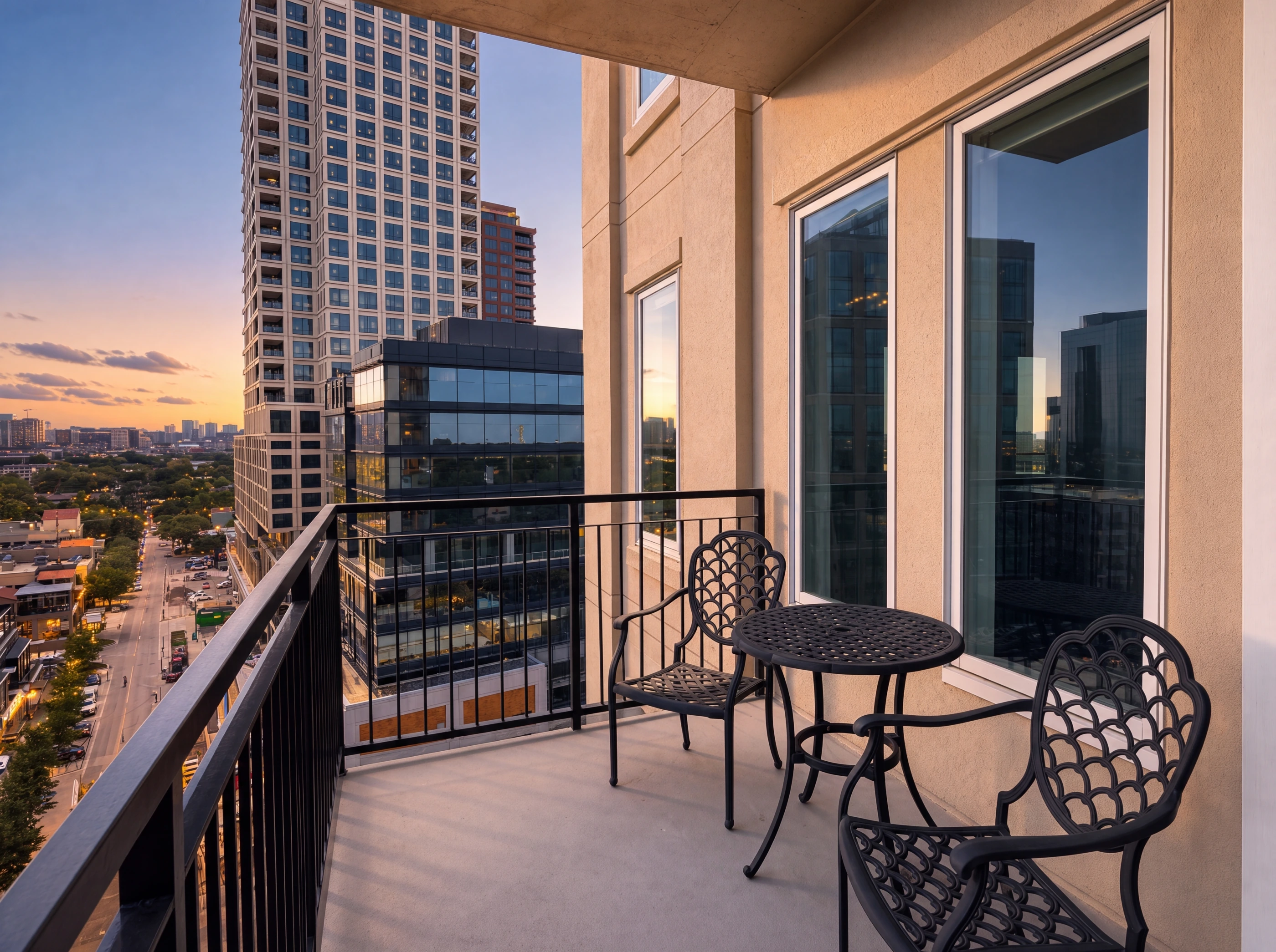 Balcony at sunset looking over Knox Street and the Uptown Dallas skyline