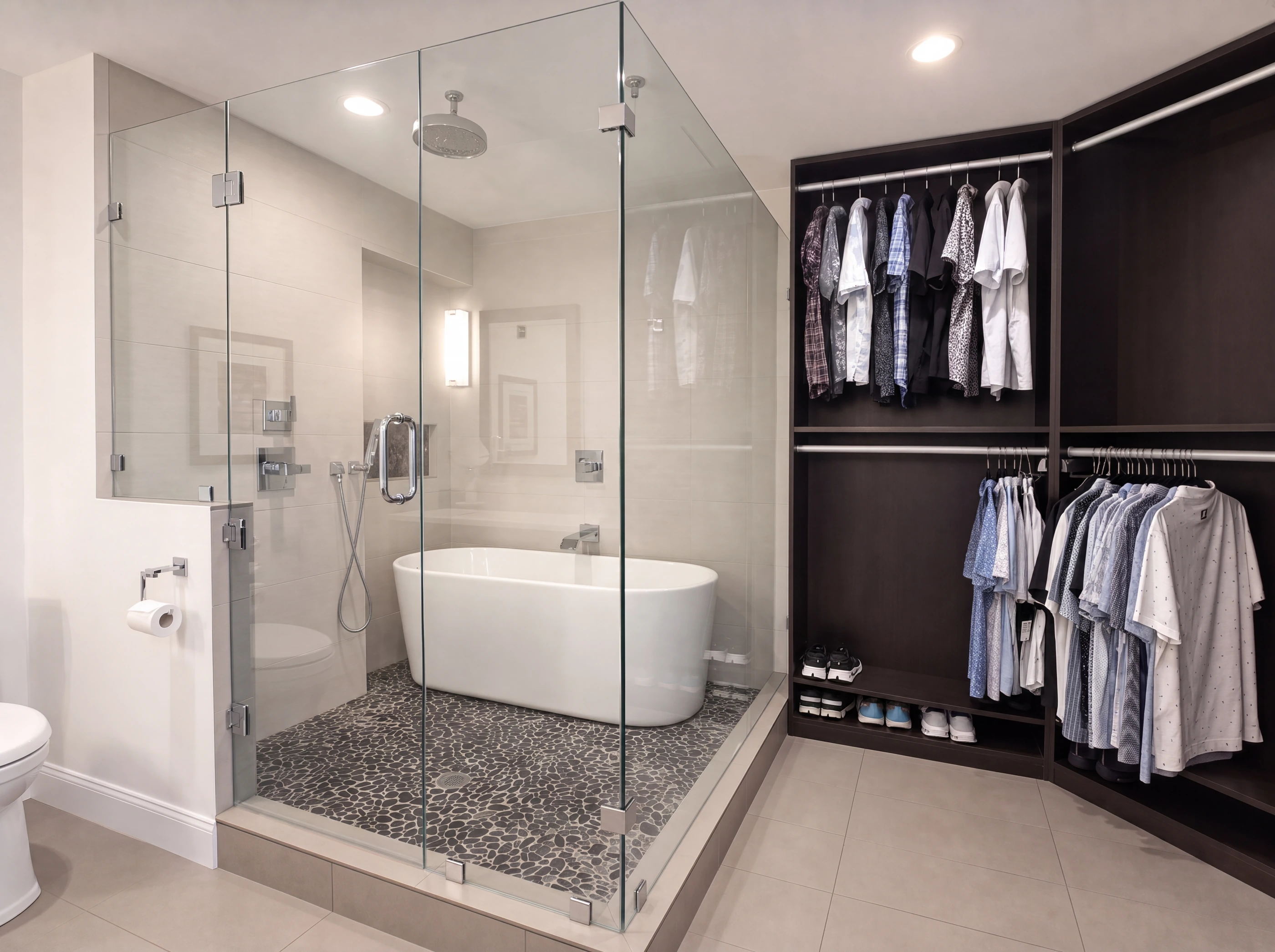 Freestanding soaker tub inside a seamless glass steam shower with rain head